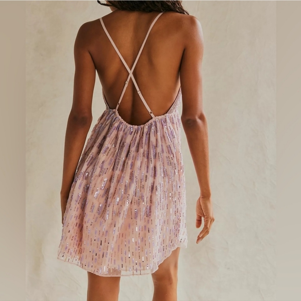 NEW FREE PEOPLE Dance Party Mini Dress Embellished beaded parfait pink combo L - Picture 5 of 5